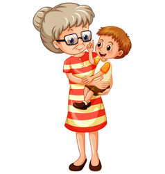 Old Lady Carrying Little Boy On White Background