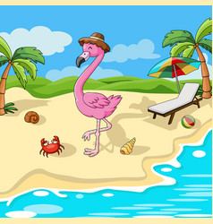 Cute Flamingo Cartoon On The Beach