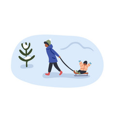 Man Pulling Winter Sleds With Happy Kid Black