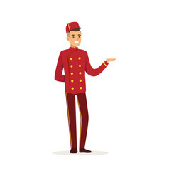 Smiling Doorman Character Wearing Red Double