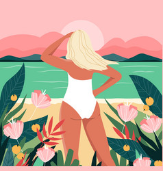 Flat Summer With Woman Looking Beach