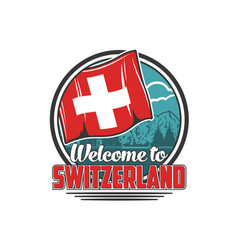 Switzerland Travel Icon With Swiss Flag And Alps