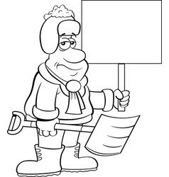 Cartoon Weary Man Holding A Snow Shovel And A Sign