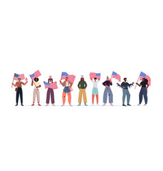 Mix Race People In Festive Hats Holding Usa Flags