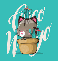 Cute Cartoon Cat With Cactus Cinco De Mayo