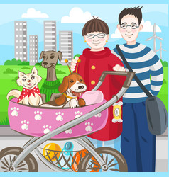 Asian Couple With 3 Dogs In Stroller Image