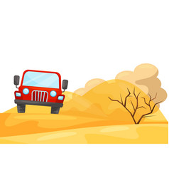 Red Jeep Rides Through Desert Landscape