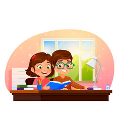 Cartoon Boy And Girl Studying A Homework Together