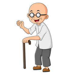 Bald Grandfather Is Using A Walking Stick