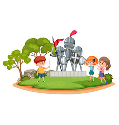 Kids At The Park With Knight Statue