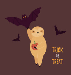 Halloween Card With Funny Sloth And Bat