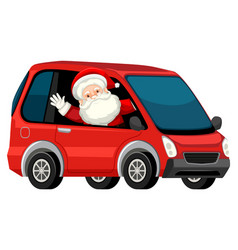 Santa Claus Driving Red Car In Cartoon Style