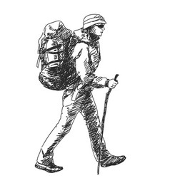 Trekking Woman With Big Backpack And Stick