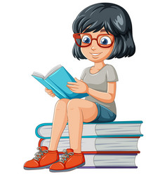 Cartoon Of A Girl Reading Book On Stack Books