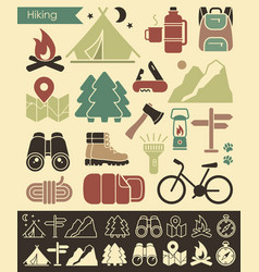 Flat Icons In Retro Style On The Theme Of Hiking