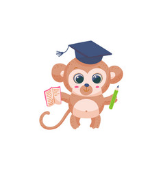 Cute Clever Monkey With Textbook And Pencil Flat