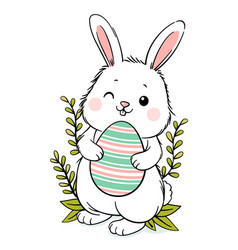 Cute White Easter Bunny Hugging Big Egg