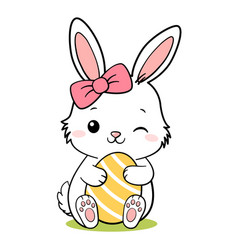 Cute White Little Easter Bunny Rabbit Hugging Egg