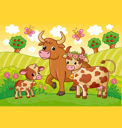 A Cute Family Of Cows Stands In Green Meadow