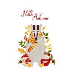 Autumn Postcard With Badger Cup Of Tea Jam Jar