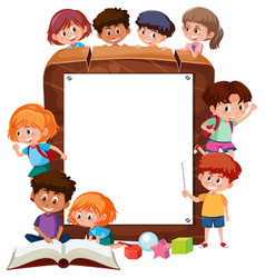 Empty wooden frame with student kids cartoon Vector Image