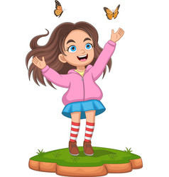 Cheerful Little Girl Playing With Butterflies