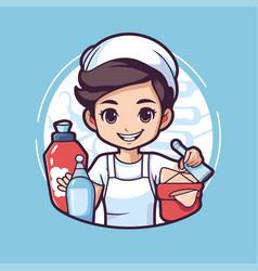 Cute Cartoon Boy In Chef Uniform With Cleaning