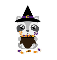 Cute Halloween Raccoon In Witch Hat Holding A Pot