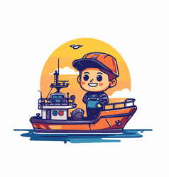 Fisherman On A Boat In Cartoon Style