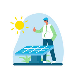 Cartoon Smiling Guy Uses Solar Panels And Points