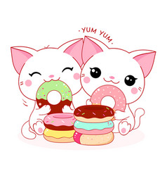 Two Cute White Cats With Donuts Kawaii Little