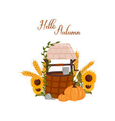 Autumn Postcard With Well Pumpkin Sunflowers