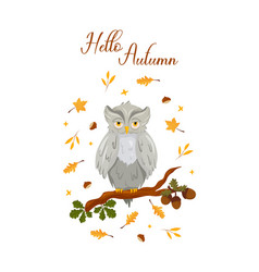 Autumn Postcard With Owl On Oak Branch Acorns