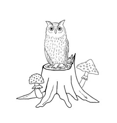 Wooden Stump With An Owl And Mushrooms