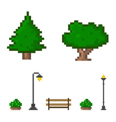 Pixel Art Park Element Trees Bench Bush Street