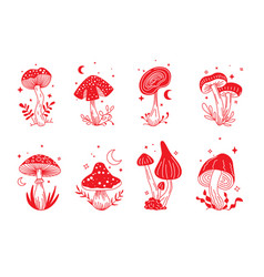 Red Different Magical Mushrooms Icons Set