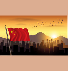 China Flag With Mountains And Sunset