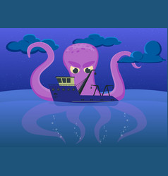 Cartoon Tiny Fishing Boat And Giant Octopus