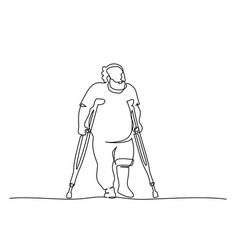 Elderly Overweight Man Walking With Crutches One