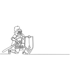 Single One Line Drawing Medieval Warrior Kneeling