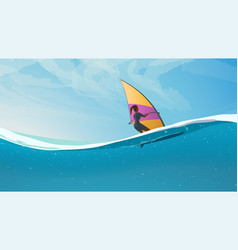 Woman Riding On Windsurf View On Waterline