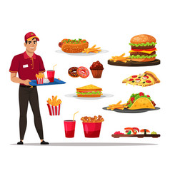 Man Fast Food Worker With Tray And Junk Meal Set