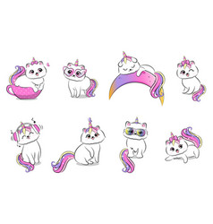 Cute Cartoon Cats With Unicorn Horn And Tail Set