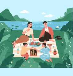 Happy Asian Family On Picnic In Nature Mother