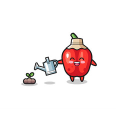 Cute Red Bell Pepper Is Watering Plant Seeds