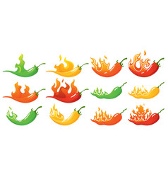 Spicy Level Hot Chili Pepper Icons Set With Flame