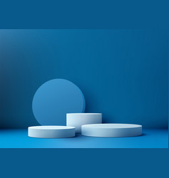 3d Three White Podium Mockup A Blue Circles