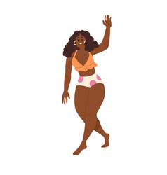 Happy Black Woman In Bikini Going And Greeting