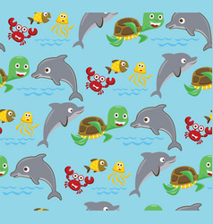 Seamless Pattern Of Marine Life Cartoon On Blue