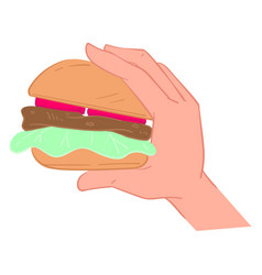 Hand Holding Fatty Burger With Meat And Vegetables